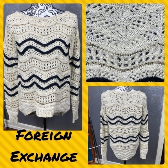 Chunky knit tan, black and metallic gold sweater. Retro striped. Long sleeve - Picture 2 of 12